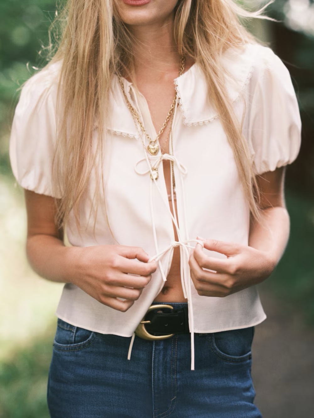 H&M Cream Tie-Front Puff Sleeve Blouse